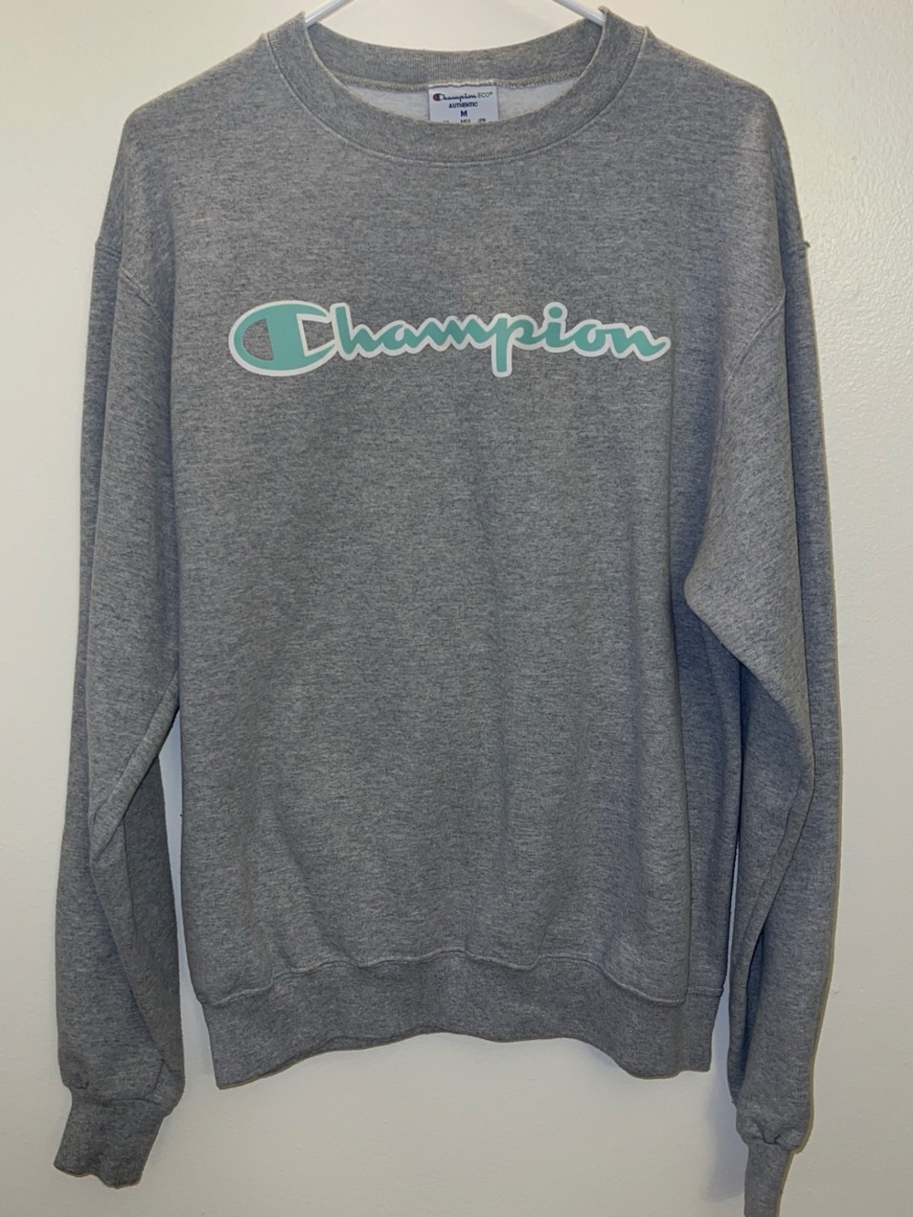 Champion Gray Crewneck Sweatshirt with Teal Logo Accent (unisex- medium)